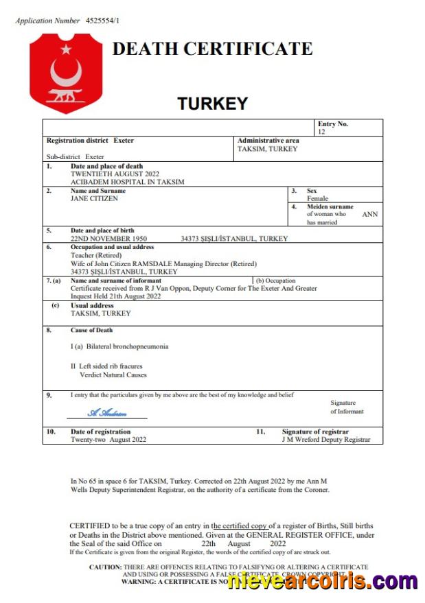 Turkey vital record death certificate